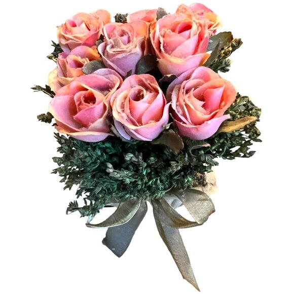 Silk Pink Tea Rose Plant Resin Planter Gold Wire Ribbon 7" Tall x 5.5" Square - Picture 2 of 13